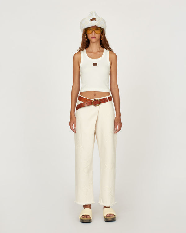 Embroidered Denim Cross Over Pant