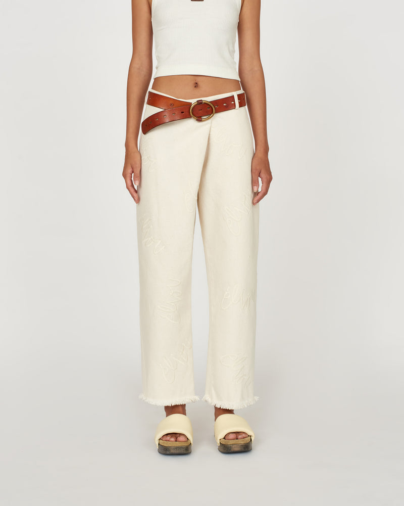 Embroidered Denim Cross Over Pant