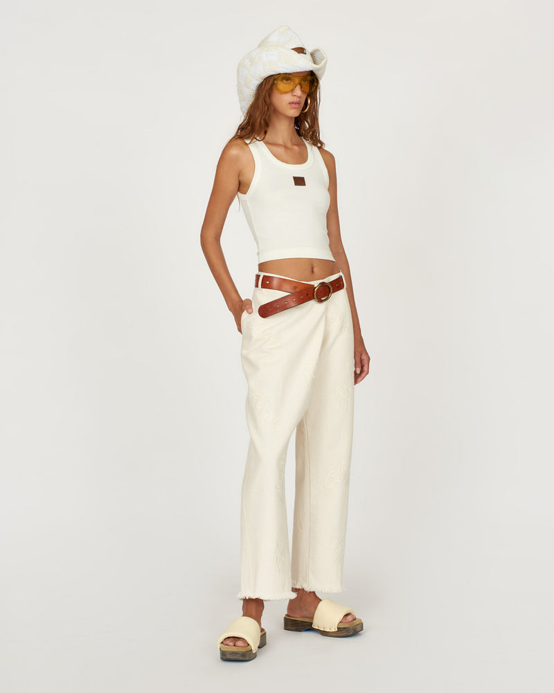 Embroidered Denim Crossover Pant
