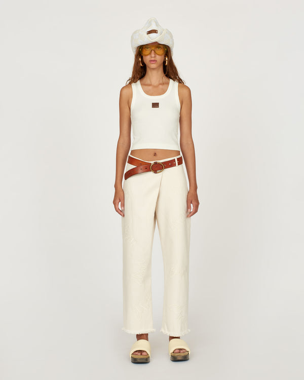 Embroidered Denim Crossover Pant