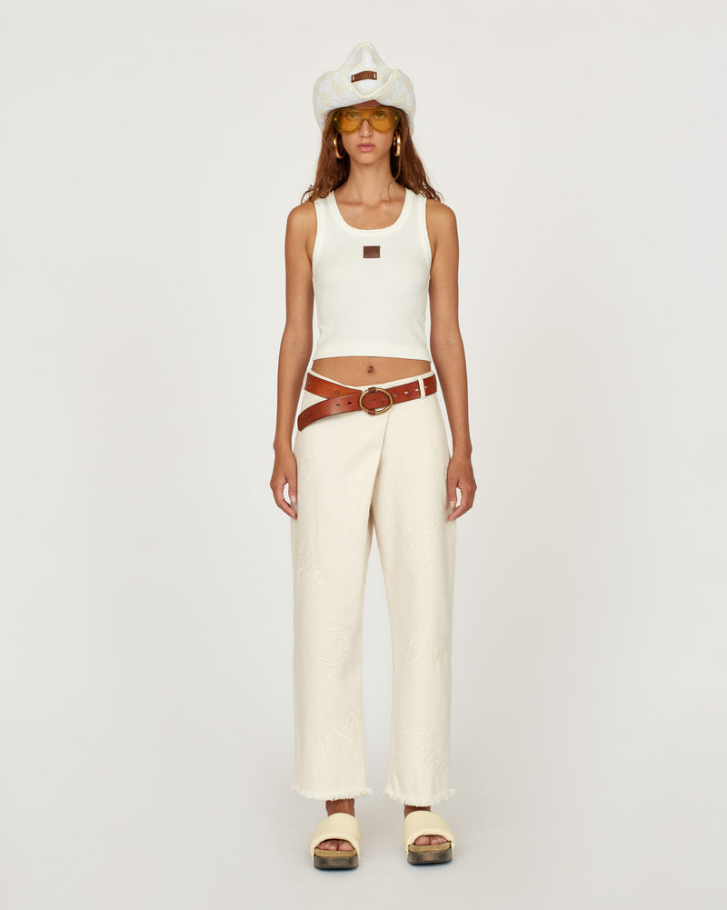 Embroidered Denim Crossover Pant