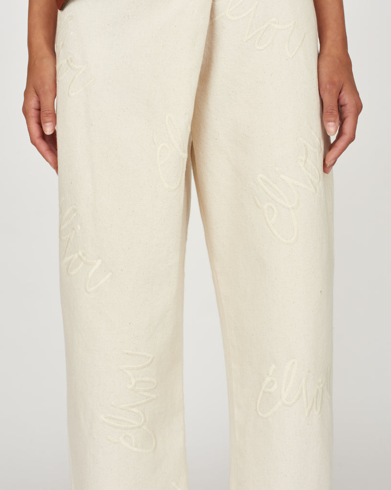 Embroidered Denim Crossover Pant